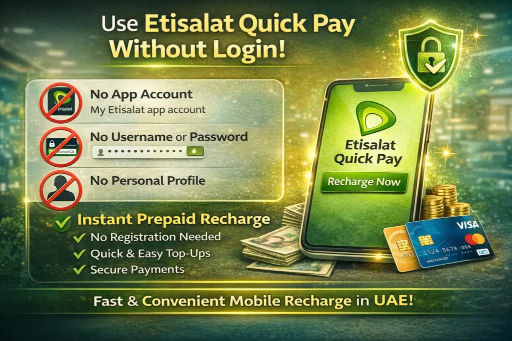 Infographic highlighting Etisalat Quick Pay’s no-login feature, showing instant prepaid recharges without app, username, or registration in the UAE