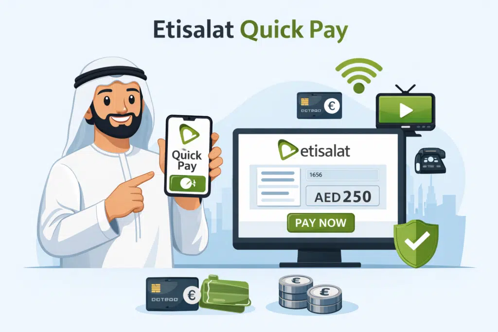 Animated illustration of a UAE resident using a smartphone for Etisalat Quick Pay to check and pay an Etisalat bill online in the UAE.