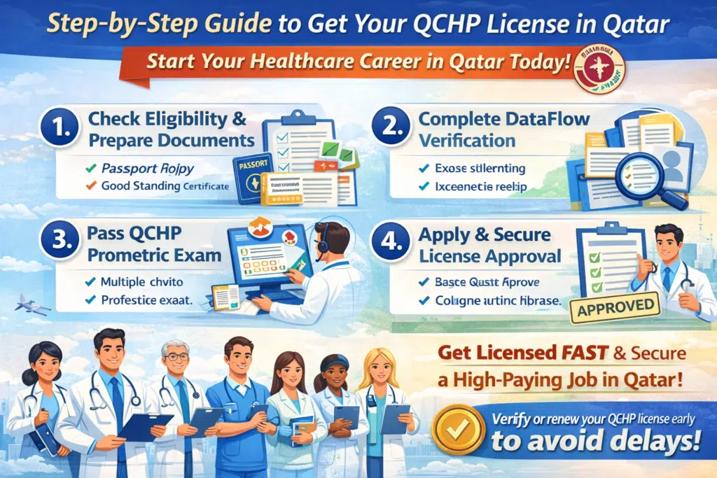 Infographic showing steps to get a QCHP license in Qatar, from eligibility to license approval.