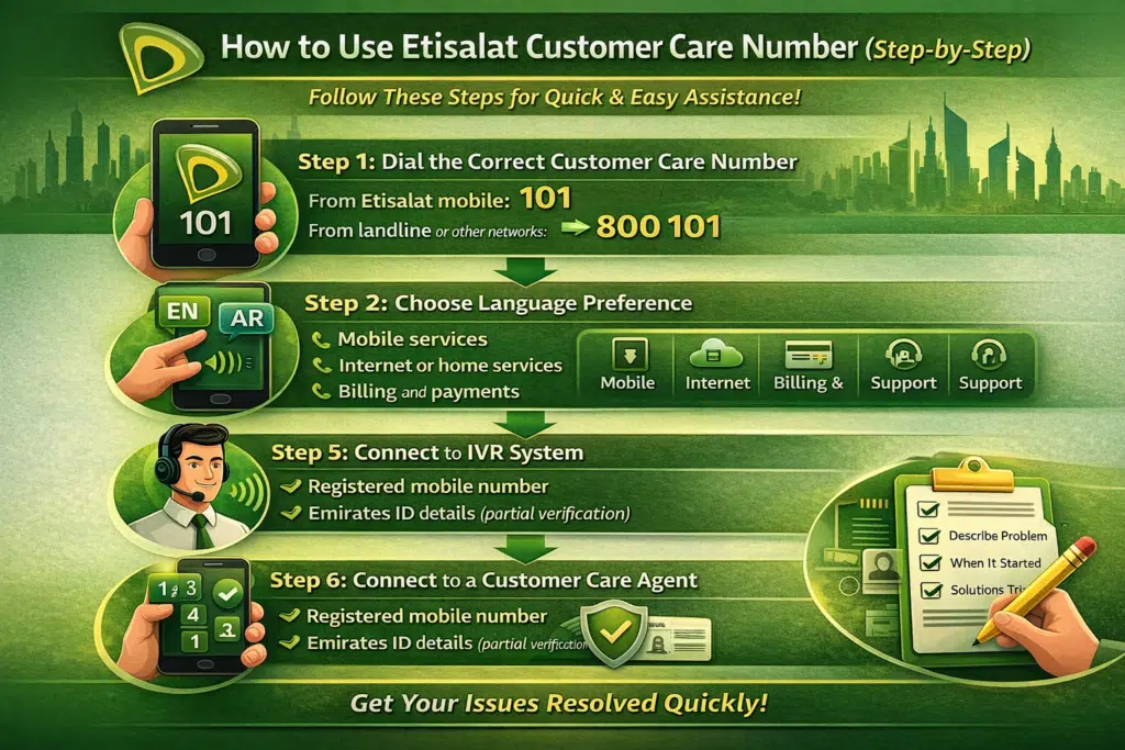 A 3:2 infographic illustrating 7 steps to use Etisalat customer care, from dialing 101/800101 to explaining your issue, with clear icons and tips