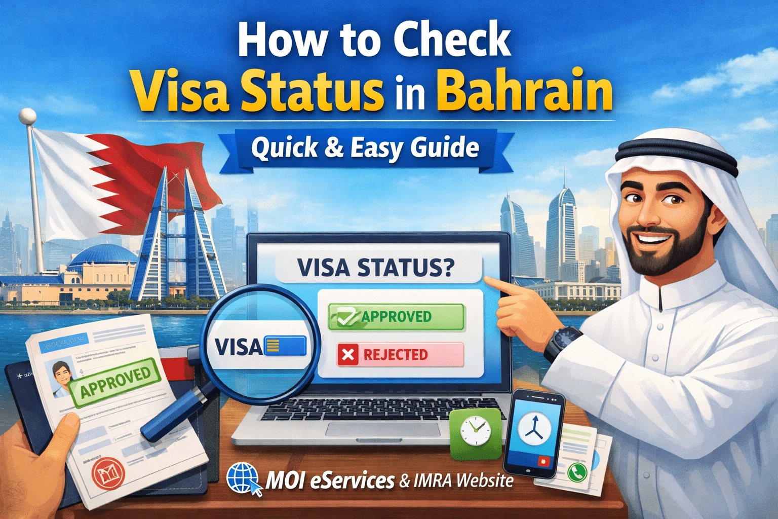 This featured image visually explains how to check visa status in Bahrain online, showing official methods through Bahrain MOI eServices and the IMRA website. It highlights visa approval and rejection results, passport verification, and digital visa tracking, making it easy for users to understand the Bahrain visa status check process at a glance.