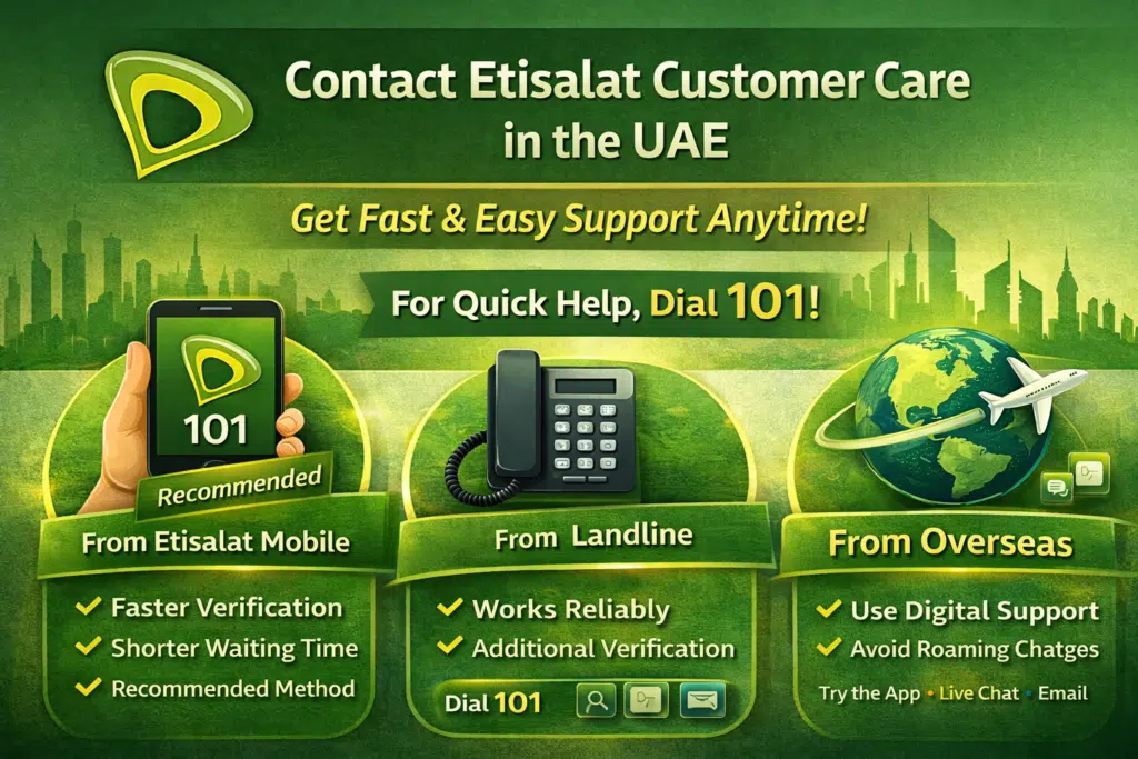 Infographic highlighting Etisalat customer care in the UAE, including 101 for mobile, landline support, and overseas options with app, live chat, and email.