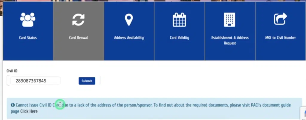 Kuwait Civil ID inquiry result showing error message about missing address information on PACI website