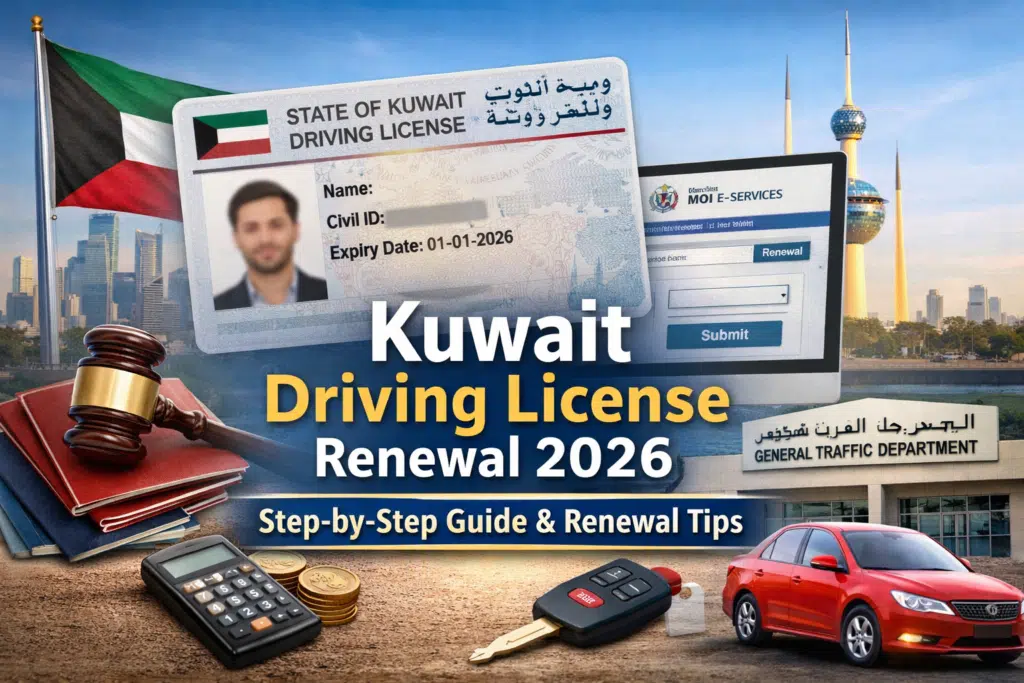 This featured image represents the complete Kuwait driving license renewal process, highlighting both online renewal through the Ministry of Interior (MOI) website and in-person renewal at the General Traffic Department. It visually includes a Kuwait driving license, MOI e-services portal, renewal fees, required documents, and Kuwait landmarks, making it informative, user-friendly, and ideal for a step-by-step renewal guide