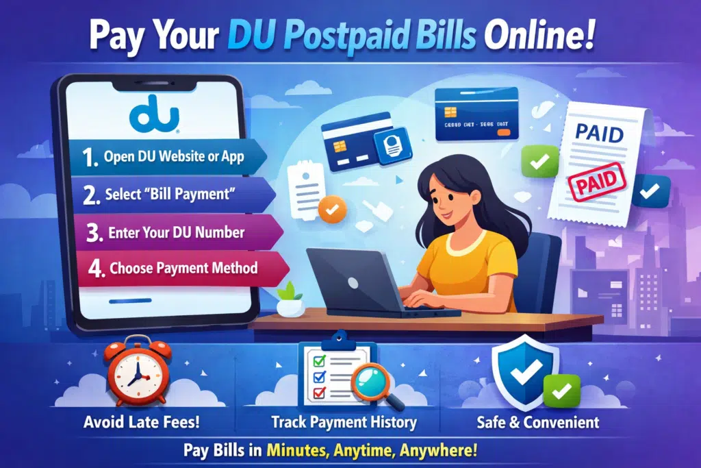DU bill payment online infographic showing step-by-step postpaid bill payment via DU website or mobile app in UAE.