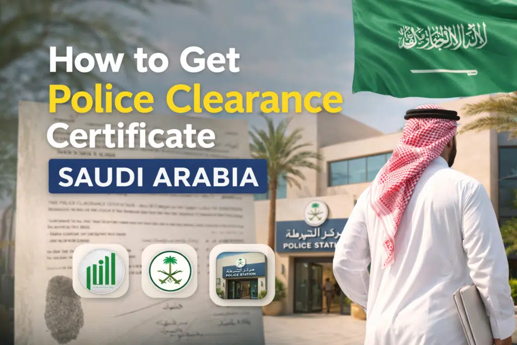 This image shows a man wearing a white thobe and red-and-white ghutra walking toward the entrance of a modern Saudi police station. The building has a blue sign displaying ‘Police Station’ in Arabic and English with the Saudi emblem above it. The scene represents the process of applying for a Saudi Police Clearance Certificate in 2026
