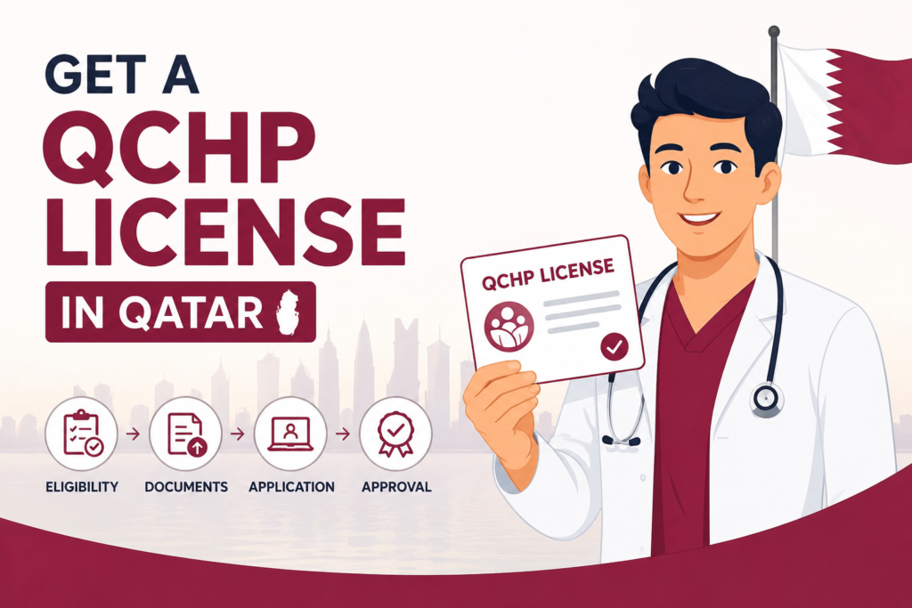 Get a QCHP License in Qatar guide featuring a healthcare professional holding a QCHP license with application steps