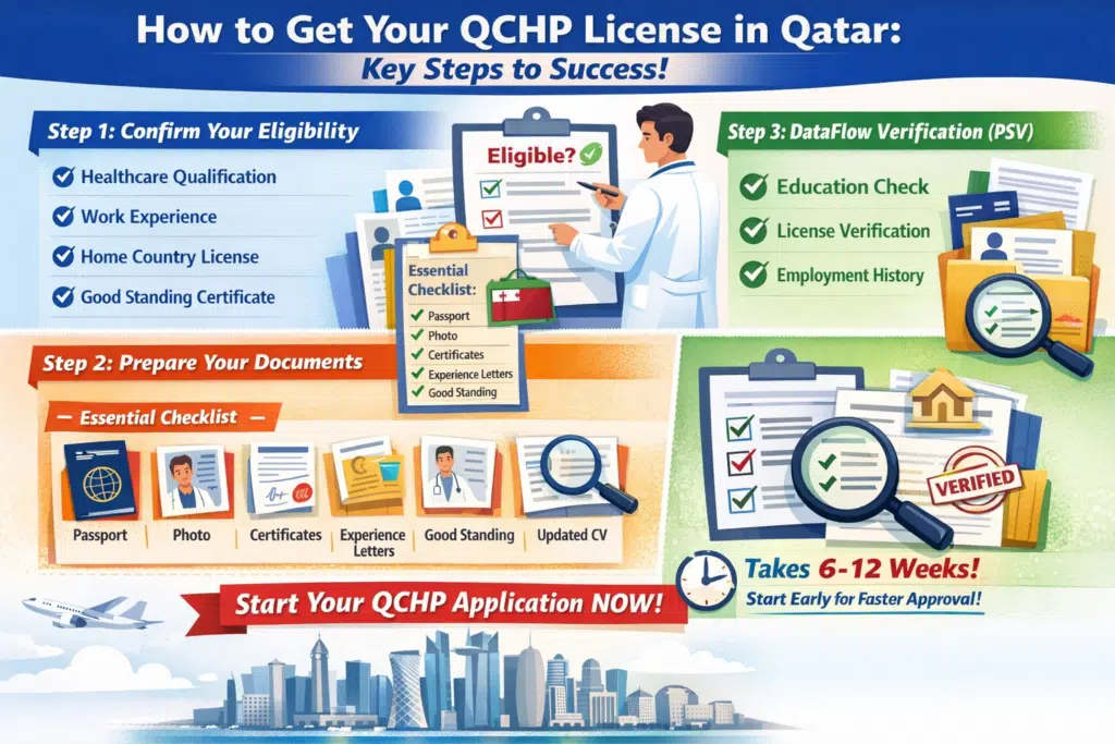 Infographic showing steps to get a QCHP license in Qatar including eligibility check, document preparation, and DataFlow verification.