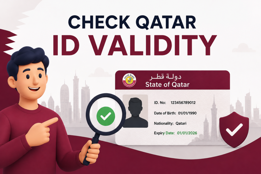Check Qatar ID Validity feature image showing an animated person holding a magnifying glass next to a Qatar ID card with a green verification check mark.