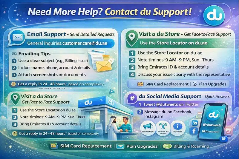 Infographic showing du email support, store visit steps, and social media customer service options in UAE.