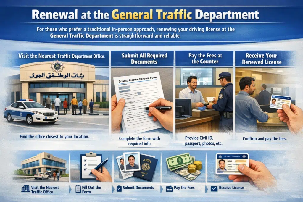 Renewal of driving license at the General Traffic Department in Kuwait showing in-person steps including document submission, fee payment, and license collection.