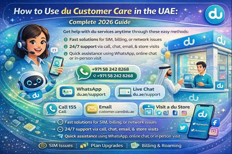 Infographic showing du customer care contact methods in the UAE.