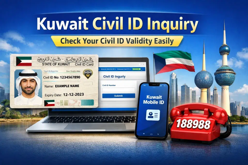 This feature image illustrates multiple methods to check your Kuwait Civil ID validity. It shows a Kuwait Civil ID card, a laptop displaying the PACI website for online inquiry, a smartphone with the Kuwait Mobile ID app, and a red hotline phone with number 188988. The background features the Kuwait skyline and national flag, emphasizing official and reliable Civil ID verification for residents and expats.