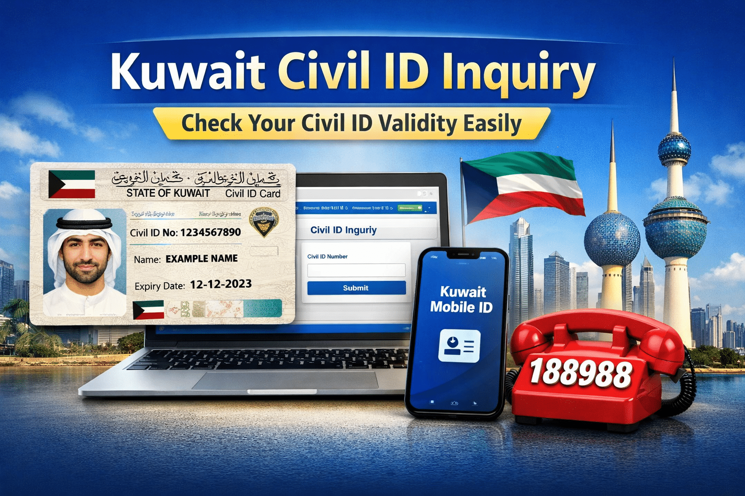This feature image illustrates multiple methods to check your Kuwait Civil ID validity. It shows a Kuwait Civil ID card, a laptop displaying the PACI website for online inquiry, a smartphone with the Kuwait Mobile ID app, and a red hotline phone with number 188988. The background features the Kuwait skyline and national flag, emphasizing official and reliable Civil ID verification for residents and expats.