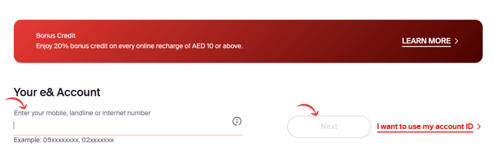 Etisalat Quick Pay page asking users to enter their mobile, landline, or internet number to check and pay Etisalat bills online in the UAE.