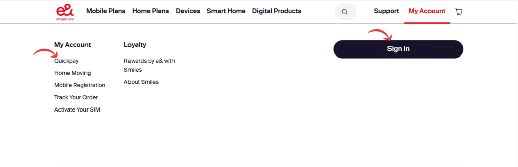 Official Etisalat Quick Pay page on the e& UAE website showing the Quick Pay option under My Account for easy bill payment.