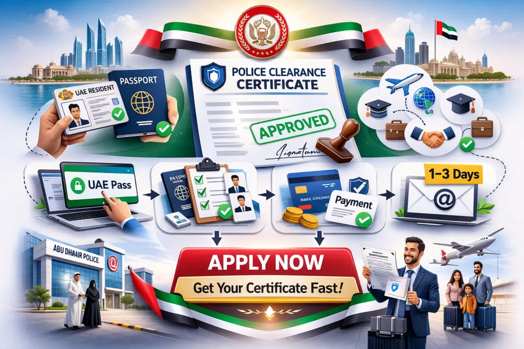 Abu Dhabi Police Clearance Certificate infographic showing documents, UAE Pass login, fingerprint, payment, service center, and email delivery.