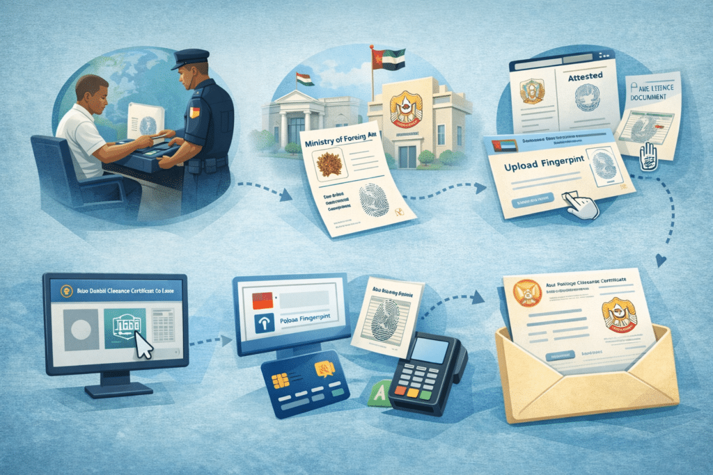 Infographic showing steps to get Abu Dhabi Police Clearance Certificate from outside UAE.