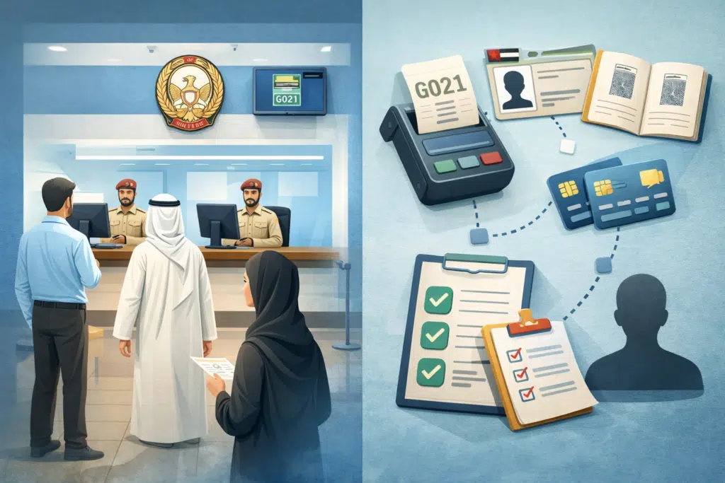 Abu Dhabi Police service center interior with applicants submitting documents and payment process illustration.