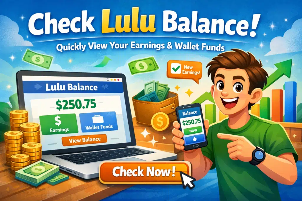 Animated person checking Lulu Balance on smartphone and laptop, showing $250.75 with coins, wallet, and growth chart in the background – financial tracking illustration.
