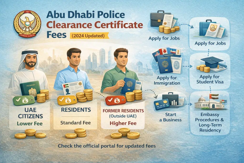 Infographic showing Abu Dhabi Police Clearance Certificate fees and purposes for residents and former residents.