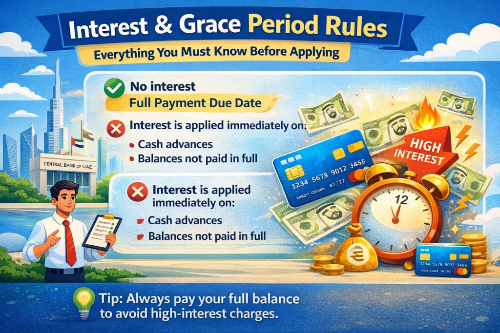 Interest and Grace Period Rules for Credit Cards in UAE – animated infographic showing full payment, cash advances, and high-interest charges