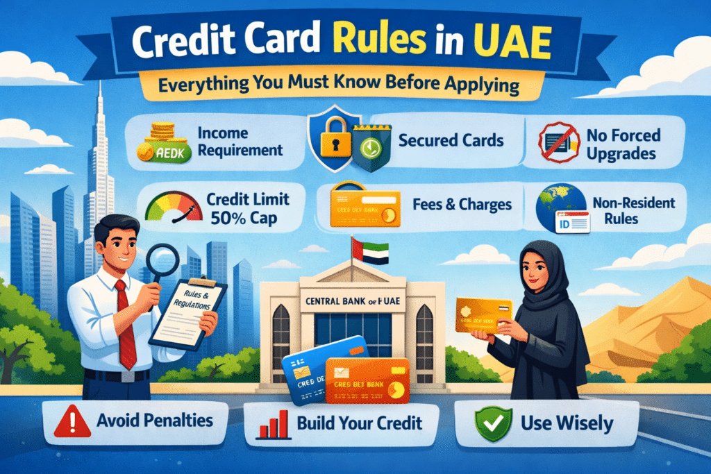 Credit Card Rules in UAE – infographic-style animated image showing credit card, UAE flag, fees, interest, and repayment limits