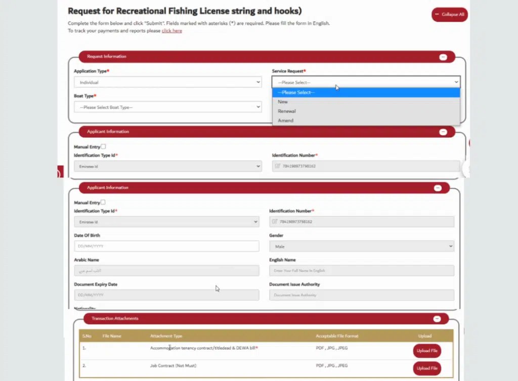 Fishing License Dubai application form with applicant details and document upload