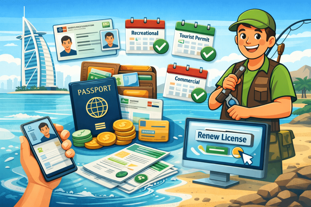 Animated person fishing with icons for documents and license renewal, Dubai coastline background.