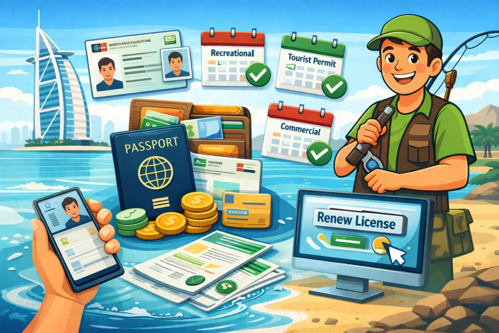Animated person fishing with icons for documents and license renewal, Dubai coastline background.
