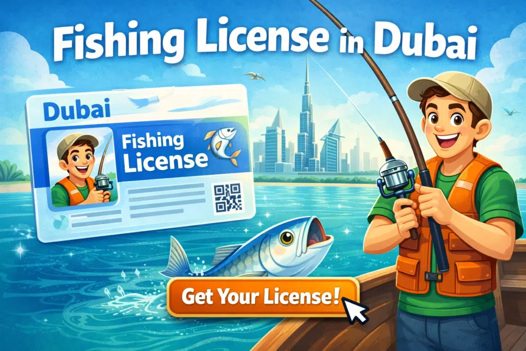 Animated person fishing in Dubai holding a fishing license, with a boat, fish, and Dubai skyline in the background – promotional illustration for obtaining a fishing license.