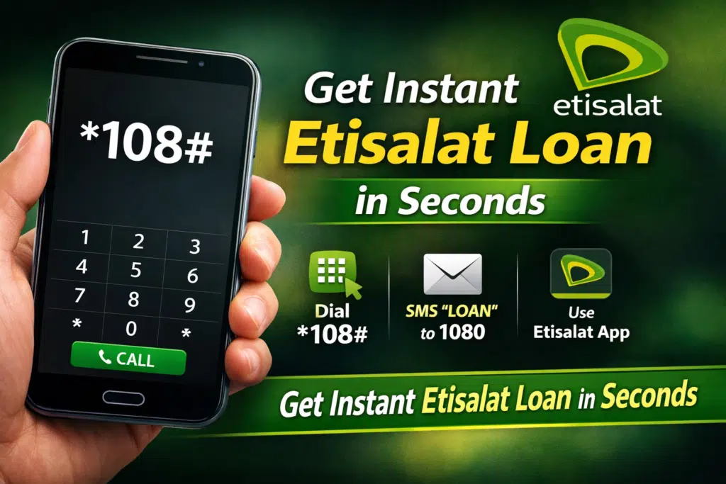 Etisalat loan code 108# displayed on smartphone screen for instant emergency balance in 2025