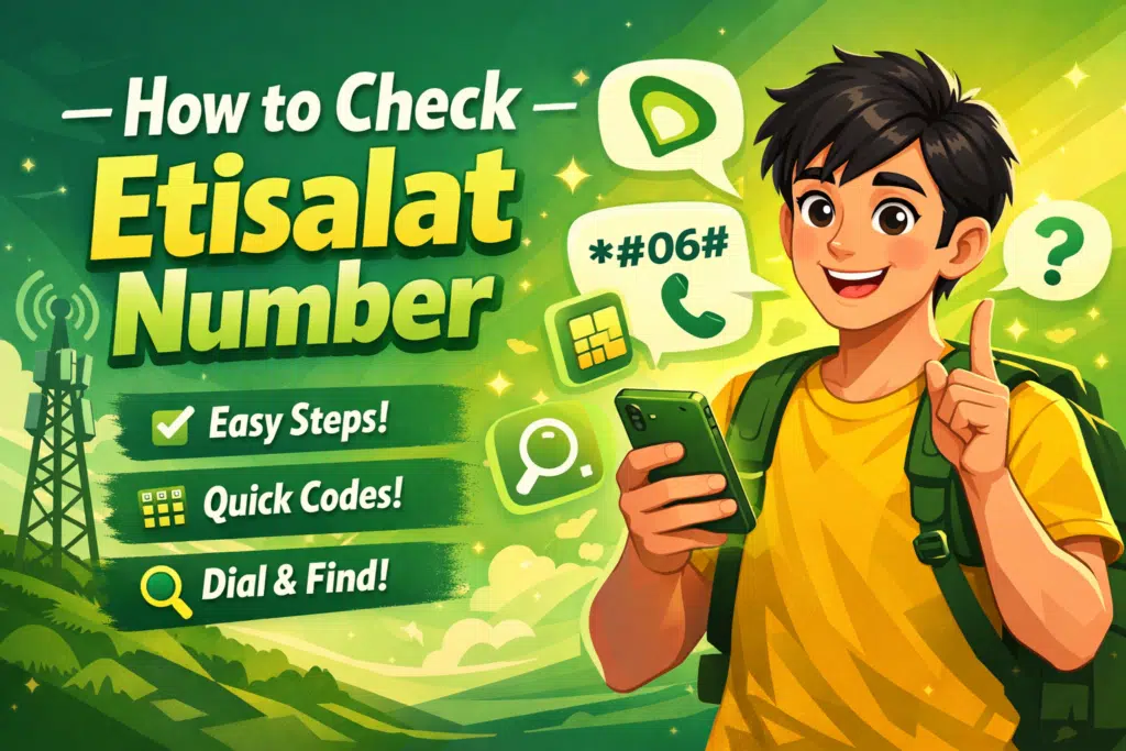 How to check Etisalat number in UAE using USSD code on mobile phone with animated person