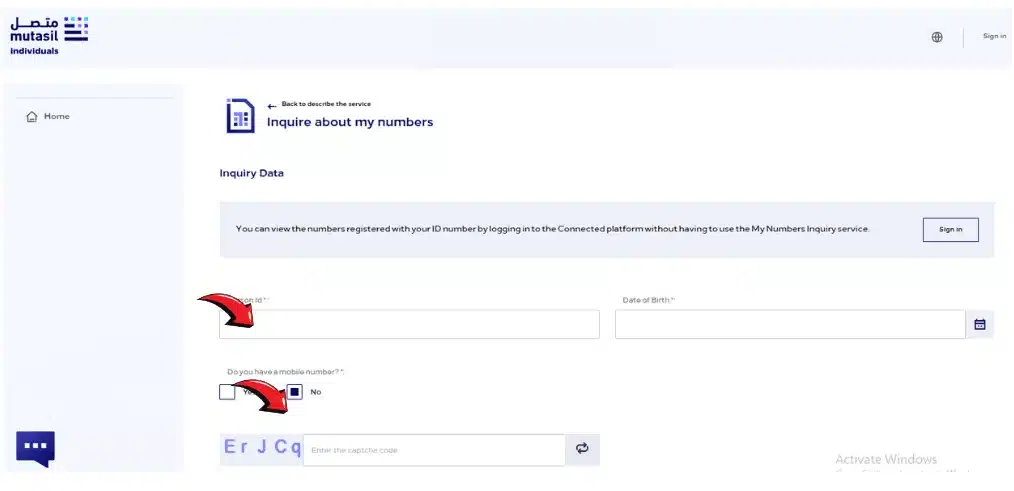 CST e-services page showing the inquire about my numbers option in Saudi Arabia
