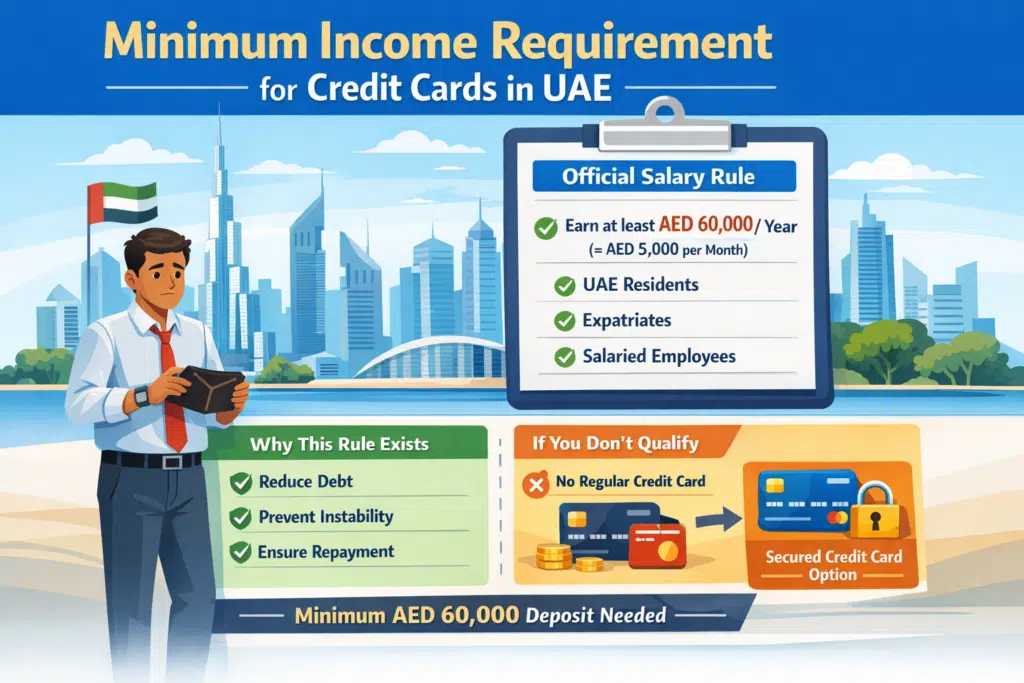 Animated infographic showing minimum income requirement for credit cards in UAE, highlighting AED 60,000 yearly salary rule, eligibility for residents and expats, and secured credit card option