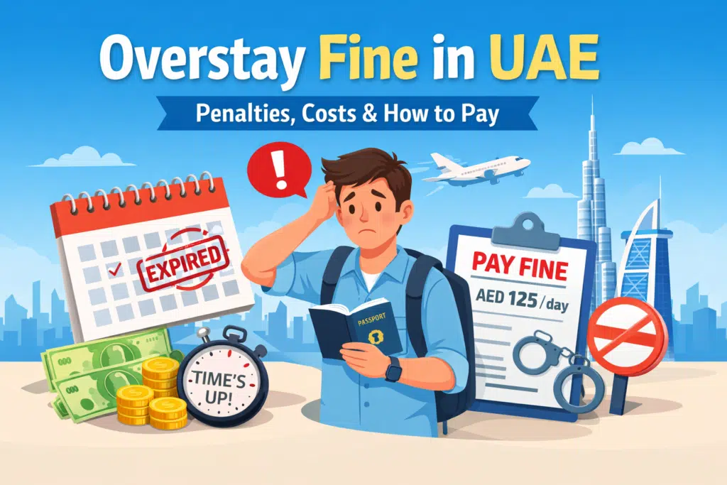 "Animated person paying UAE overstay fine at a Typing Centre or Amer Centre, holding passport and documents, interacting with staff, with UAE skyline in background – user-friendly guide for visa fine payment."