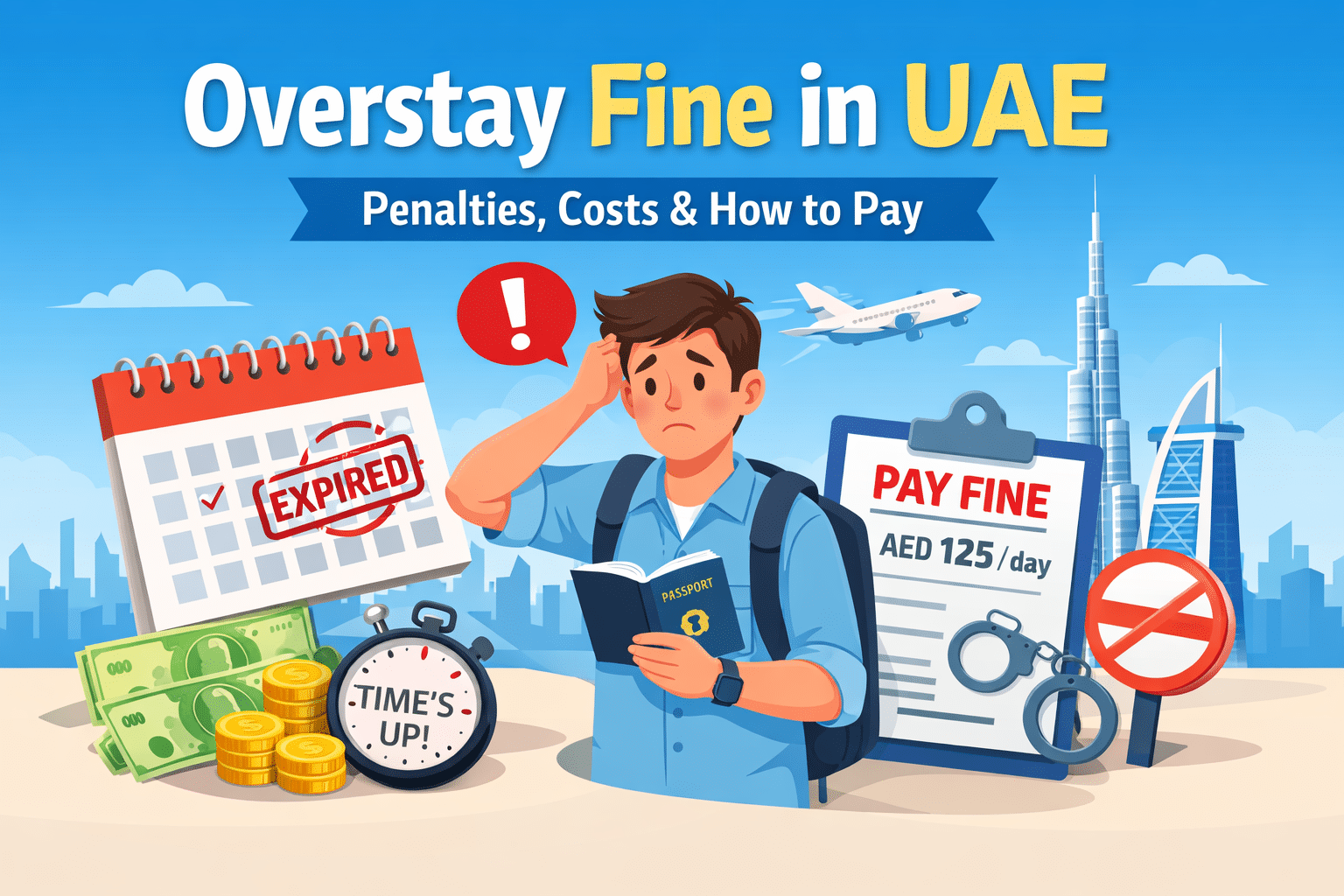 "Animated person paying UAE overstay fine at a Typing Centre or Amer Centre, holding passport and documents, interacting with staff, with UAE skyline in background – user-friendly guide for visa fine payment."