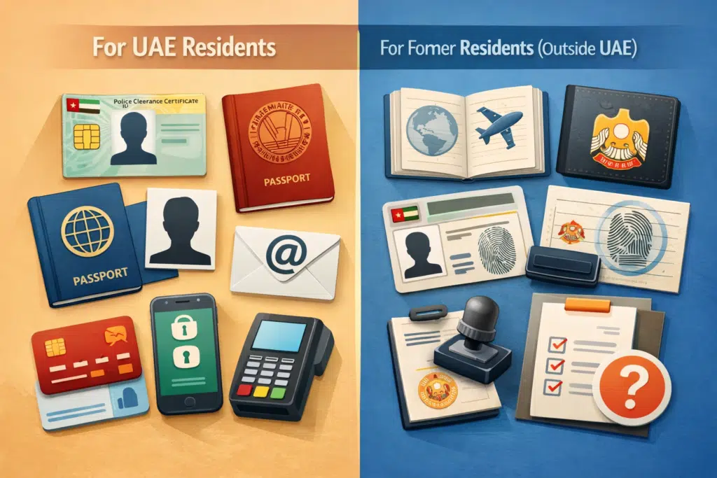 Infographic of required documents for Abu Dhabi Police Clearance Certificate for residents and former residents.
