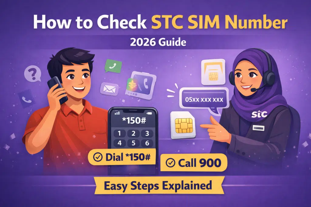 Feature image showing how to check STC SIM number using *150# and calling 900 with animated user and customer support