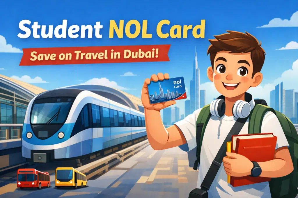 Animated student holding a Student NOL Card at a Dubai Metro station, with buses and city skyline in the background, promoting travel discounts.