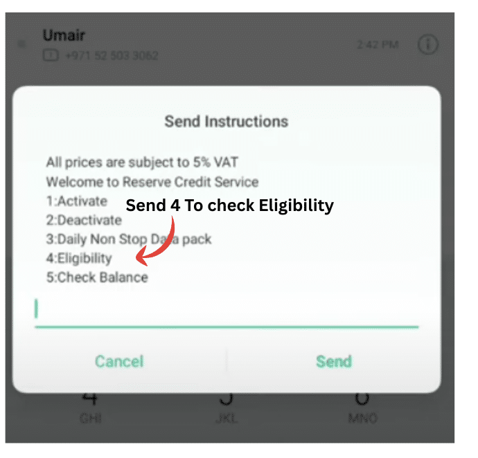 Etisalat Loan Code to check reserve credit eligibility