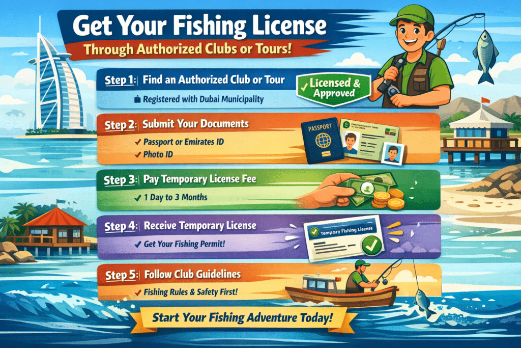 Infographic of 5 steps to get a Dubai fishing license via authorized clubs, with animated fishing character.