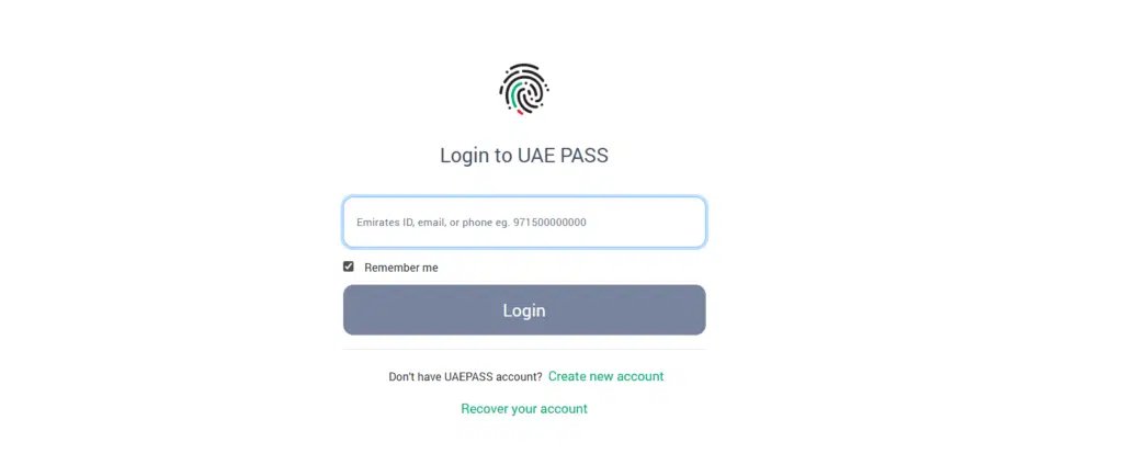 UAE PASS login page allowing users to sign in using Emirates ID, email, or phone number.