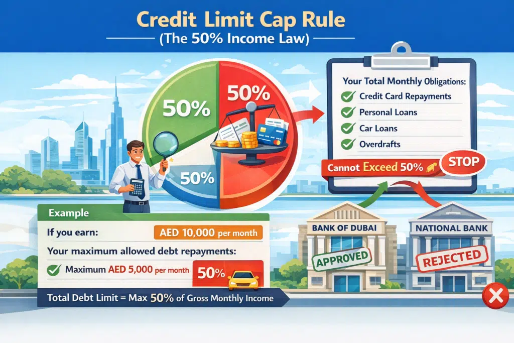 Animated infographic explaining the UAE Credit Limit Cap Rule (50% Income Law), showing debt obligations, monthly income example, and bank approval vs rejection for residents and expats