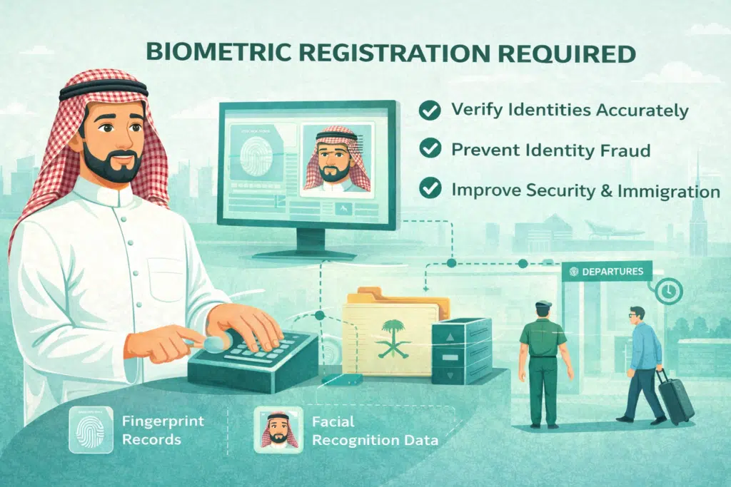 Saudi Arabia biometric registration for Iqama showing fingerprint scan facial recognition and identity verification for residents
