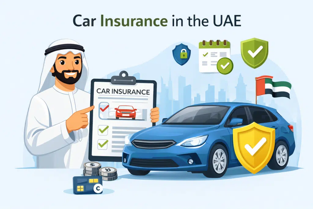 Animated illustration of a UAE resident reviewing car insurance with a protected vehicle and shield symbol, representing car insurance coverage and vehicle protection in the UAE.