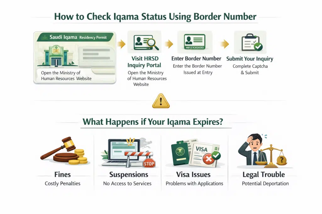Infographic showing steps to check Iqama status using border number and consequences of expired Iqama.