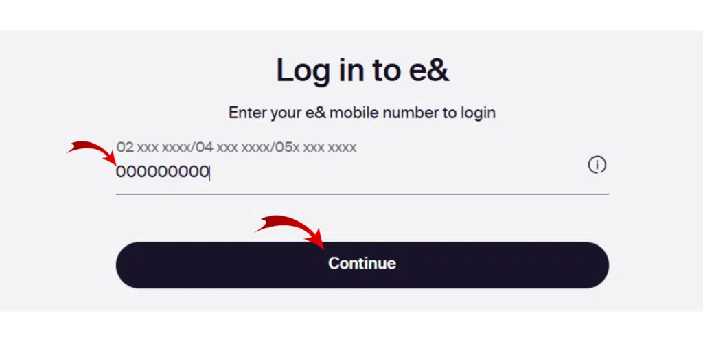 Login page of e& UAE website to enter mobile number and continue
