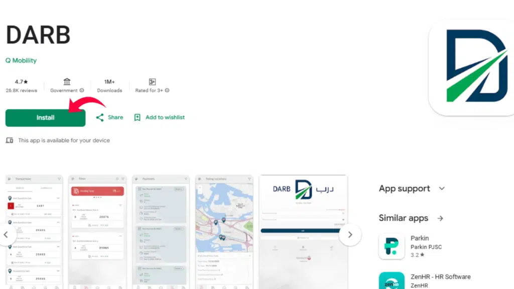Darb Abu Dhabi toll gate mobile app download page on Google Play Store