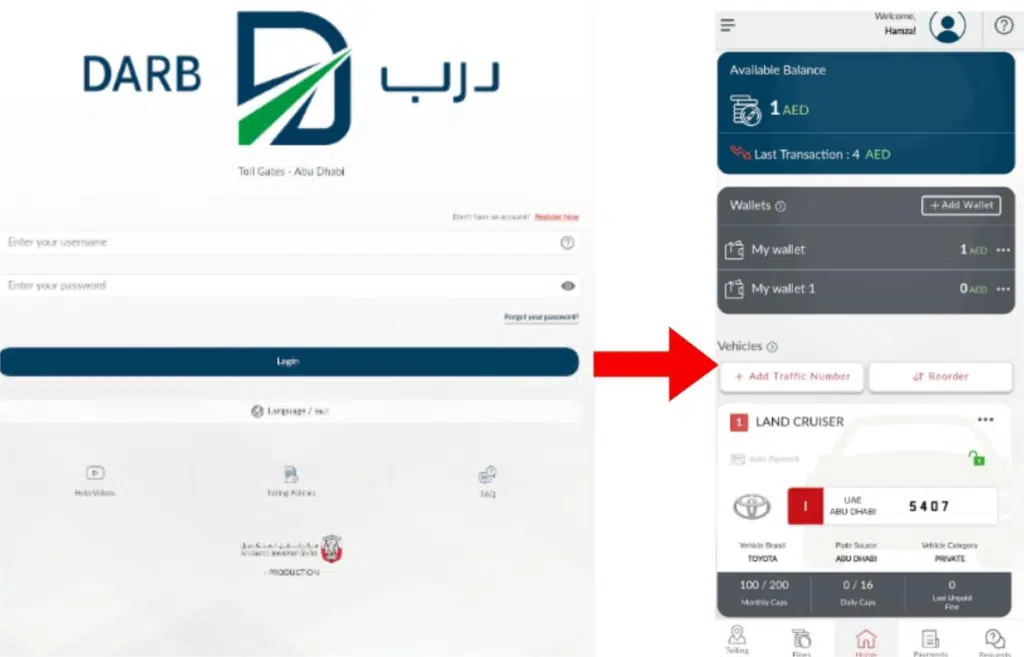 Darb Abu Dhabi toll gate login page and dashboard showing wallet balance and vehicle details